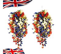 ZHENWO Patriotic Hanging Flower Baskets with LED Lights and Hook, Red White Blue Hanging Flowers, 4th of July Artificial Flower, Waterproof Windproof Fake Flower Basket Decor (Light,2)