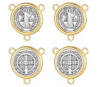 ZHENYIN 12pcs Saint Benedict Round Center Medal Charms Catholic Religious Loose Beads Accessories three-hole Connect Link Medal Floral Rosary Necklace Bracelets DIY Jewelry Making