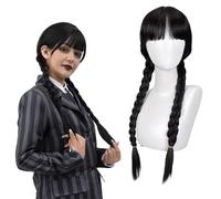 ZHER-LU Black Wig with Two Braids Black Braided Wig With Bangs Long Braid Wig Wig Cap Cosplay Halloween Costume Wigs For Women (Bangs (hair))