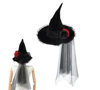 ZHER-LU Halloween Witch Hat with Veil Pointed Hat Wide Brim Top Velvet Cap Gothic Queen Headwear Accessory for Masquerade Cosplay