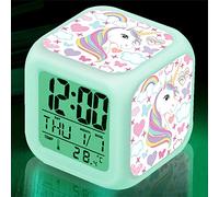 Zhexoom Kids Alarm Clock, 7 Color Digital Wake Up Clocks with 8 Alarm Sounds, LED Night Light Clock with Date Calendar Temperature for Students Boys Girls (White Unicorn) (White Unicorn)