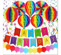 ZHEZHI Rainbow Reusable Birthday Decoration Set, Colorful Honeycomb Ball Birthday Party Decorations Set - 20 Pcs Deluxe Kit with Hot Air Balloon Garland, Gold-Stamped Banner & Paper Fans