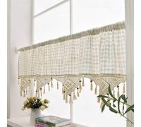 ZHH Lattice Window Valance Cotton-Linen with Tassels - 45cm Drop Rustic Retro Cafe Kitchen Curtain, Handmade Crochet Half Curtain, 45x150cm
