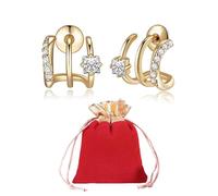 zhiang 14K Gold Plated Triple Huggie Illusion Stud Earrings Three-Claw Earrings for Women Small Gold Hoop Earrings,Double Hoop Huggie Earrings Ear Cuff Earrings, 0.55*0.55inch