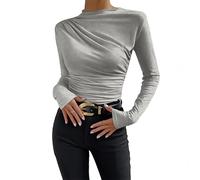 ZHICHENHE Women's Mock Neck Ruched Long Sleeve Blouse, Fitted Elegant Top for Office, Casual, Party Wear (UK, Alpha, XL, Regular, Regular, Grey)