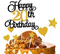 ZHIHUI Cake Decoration, 7-Pieces Personalised Happy 20 Years Birthday Cake Toppers for Boy Girl Kids Happy Birthday Sign for Cake, Glitter Cupcake Topper 20th Birthday Party Supplies (Black & Golden)