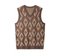 ZHILI Men's Sweater Sleeveless Knitted V-Neck Wool Blended Block Pattern top_Brown_X-Large