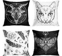 ZHILING Cushion Cover 18x18 inch Home Decor Set of 4 Cushion Covers Decorative for Bed Sofa Cushion Couch Outdoor Capricorn Cat Feather Moth Gothic Cushion Covers 45 x 45 cm (Black and White)