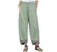 ZHINIAN Color Block Harem Trousers for Women Vintage Cotton Linen Wide Leg Pants Summer Boho Elastic Waist Capris Pants Plus Size Green