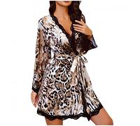 ZHINIAN Ladies Sexy Leopard Print Bathrobe Pajamas V Neck Silk Satin Kimono Dressing Gown Super Soft Midd-Long Sleepwear Robe