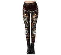 ZHINIAN Women Steampunk Retro Leggings Comic Cosplay Punk 3D Printed Gothic Trousers Stretch Skinny Running Yoga Pants Tights Gold, S