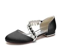 ZhiQin Black,6 UK,Women Ballet Pumps White Wedding Shoes Satin Flat Soft Sole Casual Buckle Prom Party Shoes with Rhinestones