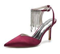 ZhiQin Burgundy,5 UK, White Satin Wedding Heels for Women 8.5cm Stiletto Ankle Strap Crystal Tassel Embellished Pointed Toe Formal Bridal Shoes