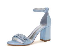 ZhiQin Chunky Heel Women Wedding Bridal Shoes Heel High Pumps Buckle Ivory Satin Dress Shoes com Strass,Sky Blue,2 UK