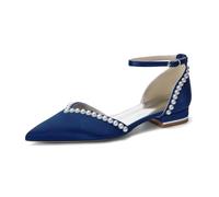 ZhiQin ,Dark Blue,10 UK, Bridal Flat Sandals White Satin Pointed Toe Wedding Shoes, Pearl Edge Ankle Buckle Strap 2.5CM Heel Formal Bridesmaid Dress Footwear