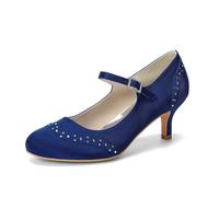 ZhiQin Dark Blue,10 UK, Low Heel White Satin Wedding Shoes, 6Cm Kitten Heel Mary Jane Bridal Pumps for Bride
