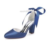 ZhiQin Dark Purple,2 UK, Red Satin Bridal Heels, 8.5Cm Block Heel Wedding Pumps with Pearl Ankle Strap & Ribbon Tie