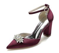 ZhiQin Hunter Green Shoes for Women Block Heels Ankle Strap Silver Pumps Pointed Toe Sandals Buckle Party Dress,Burgundy,6 UK