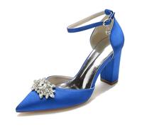 ZhiQin Hunter Green Shoes for Women Block Heels Ankle Strap Silver Pumps Pointed Toe Sandals Buckle Party Dress,Blue,8 UK