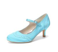 ZhiQin Light Blue,7 UK, Low Heel White Satin Wedding Shoes, 6Cm Kitten Heel Mary Jane Bridal Pumps for Bride