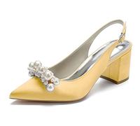 ZhiQin Nude Heels for Women Chunky Heel Sandals Flannel Prom Party Shoes with Pearl,Gold,3 UK
