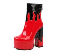 ZhiQin Red,4 UK, Women's Flame Decor Patent Leather Platform Ankle Boots High Block Heel Booties