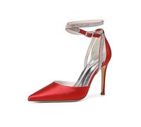 ZhiQin Red,5 UK, White Satin Rhinestone Stiletto Pointed Toe Sandals - Bridal Wedding Shoes, Adjustable Ankle Strap