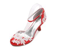 ZhiQin ,red,8 UK, Women Elegant 7cm Kitten Heel Bridal Heels White Satin Lace T-Strap Wedding Shoes for Bride