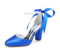 ZhiQin Royal Blue,2 UK, Red Satin Bridal Heels, 8.5Cm Block Heel Wedding Pumps with Pearl Ankle Strap & Ribbon Tie