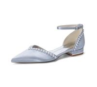 ZhiQin ,Silver,4 UK, Elegant 2.5cm Flat Low Heel Bridal Heels Yellow Satin Pearl Edge Ankle Strap Wedding Pumps for Bride