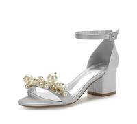 ZhiQin Silver,4 UK, Green Heels for Women Sexy Pointed Toe Ankle Strap Sandals Buckle Party Dress with pearl