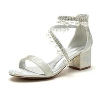 ZhiQin Silver,7 UK, Bridal Pearl Embellished Block Heel Sandals - Women's Silver Ankle Strap Open Toe Wedding Party Evening Shoes
