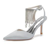 ZhiQin Silver,9 UK, White Satin Wedding Heels for Women 8.5cm Stiletto Ankle Strap Crystal Tassel Embellished Pointed Toe Formal Bridal Shoes