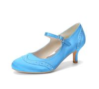 ZhiQin Sky Blue,4 UK, Low Heel White Satin Wedding Shoes, 6Cm Kitten Heel Mary Jane Bridal Pumps for Bride