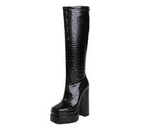 ZhiQin Stone Pattern,2 UK, Women's Platform Knee High Boots Patent Leather Waterproof Rain Boots Chunky High Heel Party Costume Shoes Tall Rain Boot