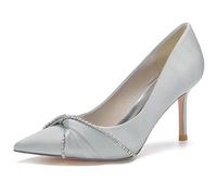 ZhiQin Wedding Shoes for Bride Rhinestone Heels Pleated Satin Bridesmaid Pumps 8.5cm Silver