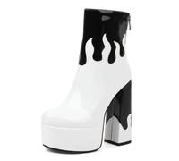 ZhiQin White,1 UK, Women's Flame Decor Patent Leather Platform Ankle Boots High Block Heel Booties