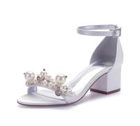 ZhiQin White,6 UK, Green Heels for Women Sexy Pointed Toe Ankle Strap Sandals Buckle Party Dress with pearl