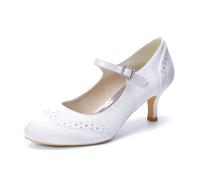 ZhiQin White,7 UK, Low Heel White Satin Wedding Shoes, 6Cm Kitten Heel Mary Jane Bridal Pumps for Bride
