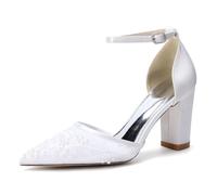 ZhiQin ,White,7 UK, Navy Blue Satin Mesh Beaded Embroidery Pointed Toe Ankle Strap Block Heel Sandals 8.5cm Bridal Wedding Shoes
