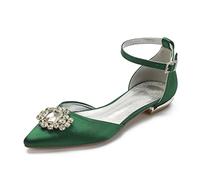 ZhiQin Women Ballerinas Wedding Shoes Flats Satin Sandals Prom Party Dress Shoes Ankle Strap with Rhinestones,Dark Green,5 UK