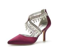 ZhiQin Women Ivory Clear Heels Bridal Wedding Stiletto Pumps Satin Pointed Toe Dress Shoes,Burgundy,8 UK/41 EU