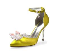 ZhiQin Women Silver Pumps Stiletto High Heel Pointed Toe Ankle Strap Sandals Buckle Party Dress with Big Rhinestone,Yellow,10 UK