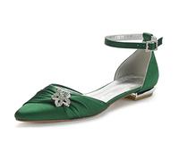 ZhiQin Womens Bridal Shoes Satin Wedding Prom Pointed Toe Flat Pumps with Ankle Strap with Rhinestones,Dark Green,8 UK