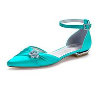 ZhiQin Womens Bridal Shoes Satin Wedding Prom Pointed Toe Flat Pumps with Ankle Strap with Rhinestones,Light Green,7 UK