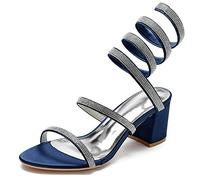 ZhiQin Women's Heel Sandals Rhinestones High Heels Stiletto Slip On Wedding Party Satin Dress Shoes,Dark Blue,3 UK