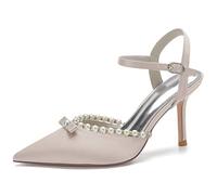 ZhiQin Women's Wedding Shoes for Bride Heels Satin Pointed Toe Pumps with Pearl Bow Champagne