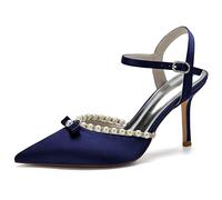 ZhiQin Women's Wedding Shoes for Bride Heels Satin Pointed Toe Pumps with Pearl Bow Dark Blue