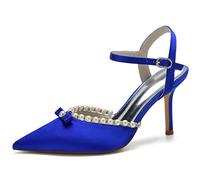 ZhiQin Women's Wedding Shoes for Bride Heels Satin Pointed Toe Pumps with Pearl Bow Royal Blue
