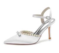 ZhiQin Women's Wedding Shoes for Bride Heels Satin Pointed Toe Pumps with Pearl Bow White